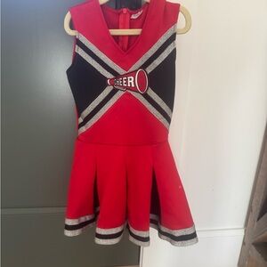 Red and Black Cheerleader Dress with Silver Accents & Pom Poms